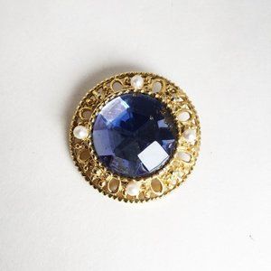 Blue glass and  pears  brooch  round domed shiny gold tone classic brooch